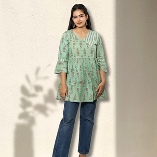 Angrakha Style Green Block Print Cotton Women Tunic