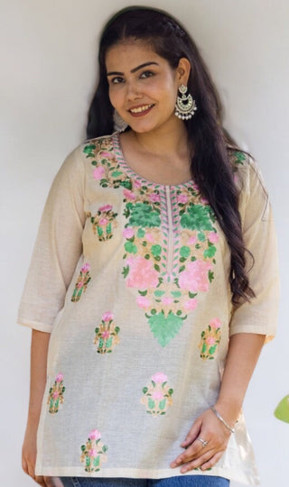 Phulkari Embroidery Cotton Top for Women with round neck
