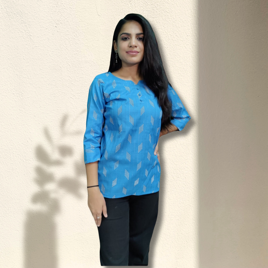 Blue Printed Khadi Top for Women | Stylish Ethnic Fashion