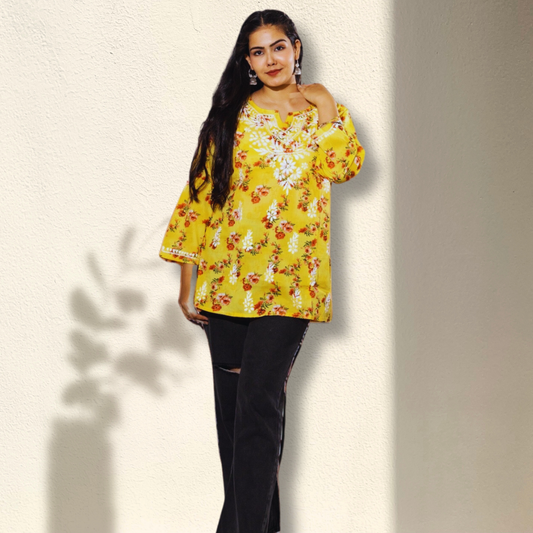 Yellow Mulmul Chikankari Top