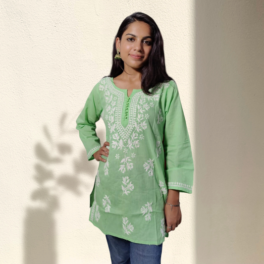 Green Chikankari Cotton Short Kurti for Women