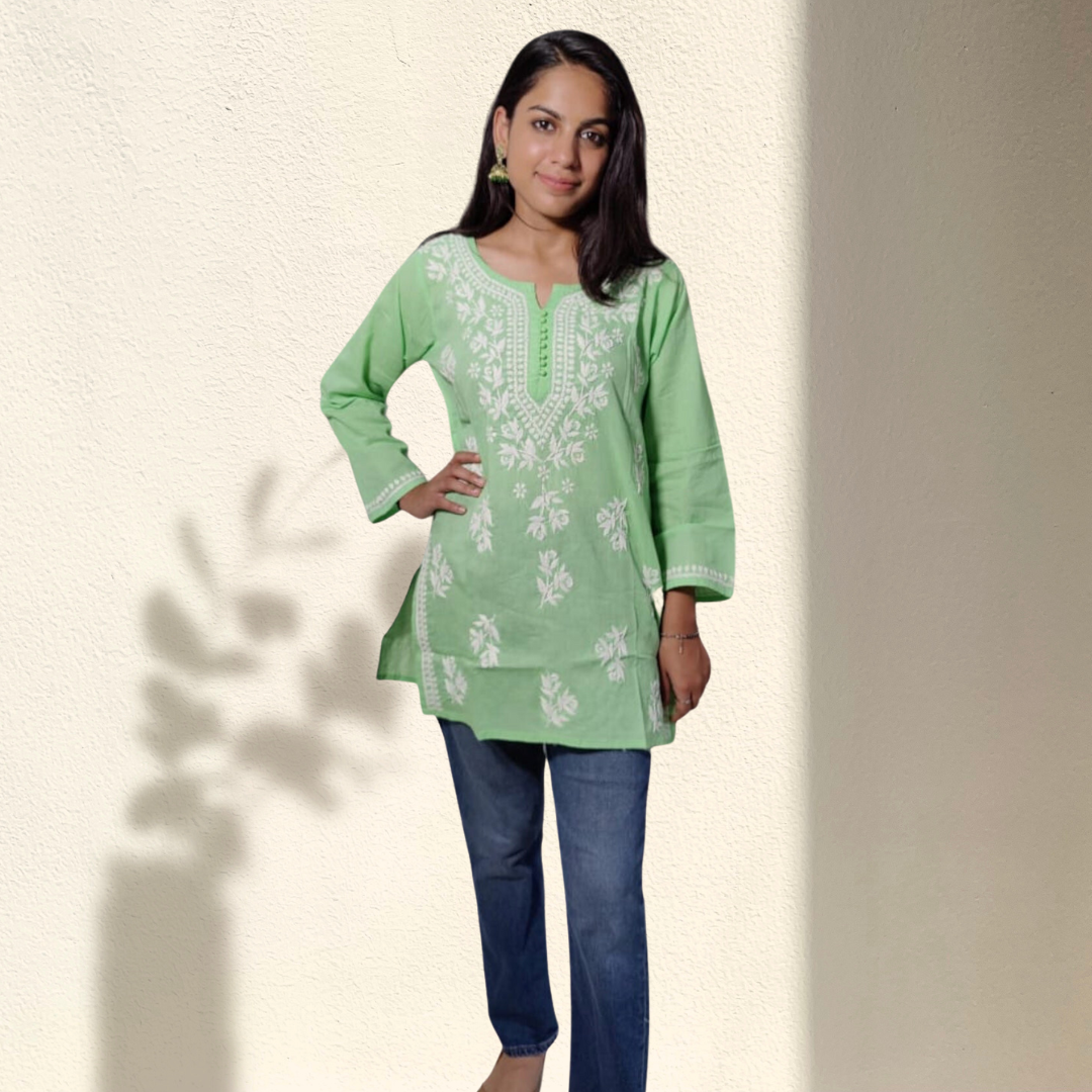 Green Chikankari Cotton Short Kurti for Women
