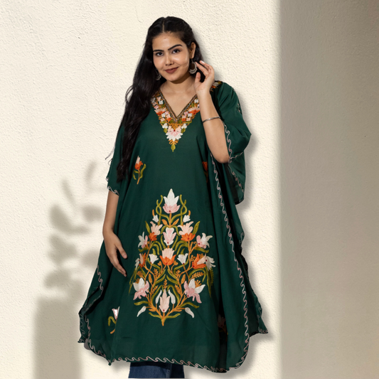 Tunicaa Kashmiri Embroidered Cotton Green Kaftan