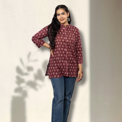 Maroon Block Print Cotton Mandarin Collar Top