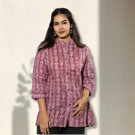 Kalamkari Print Cotton Mandarin Neck Top | Long Sleeves