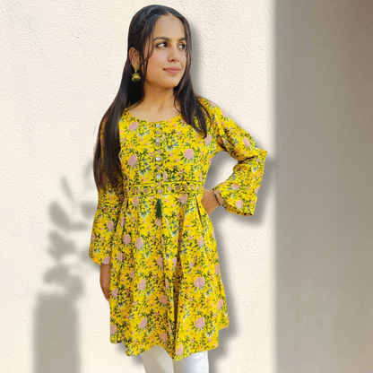 Floral Print Yellow Frock Style Tunic