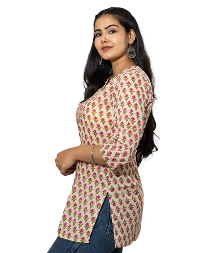 Cream and Pink  Floral Block Print Short Kurti