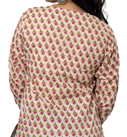 Cream and Pink  Floral Block Print Short Kurti