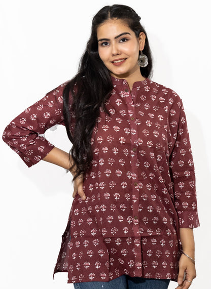 Maroon Block Print Cotton Mandarin Collar Top