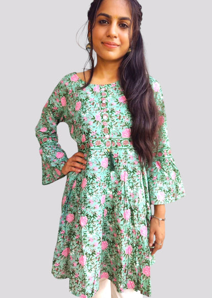 Floral Print Green Tunic Top for Women