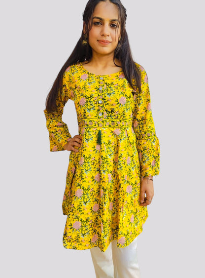 Floral Print Yellow Frock Style Tunic