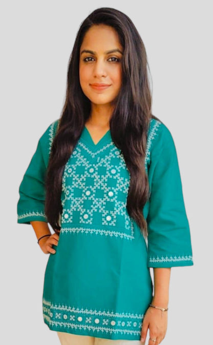 Stylish Green Hand Embroidered Cotton Short Kurti for Women