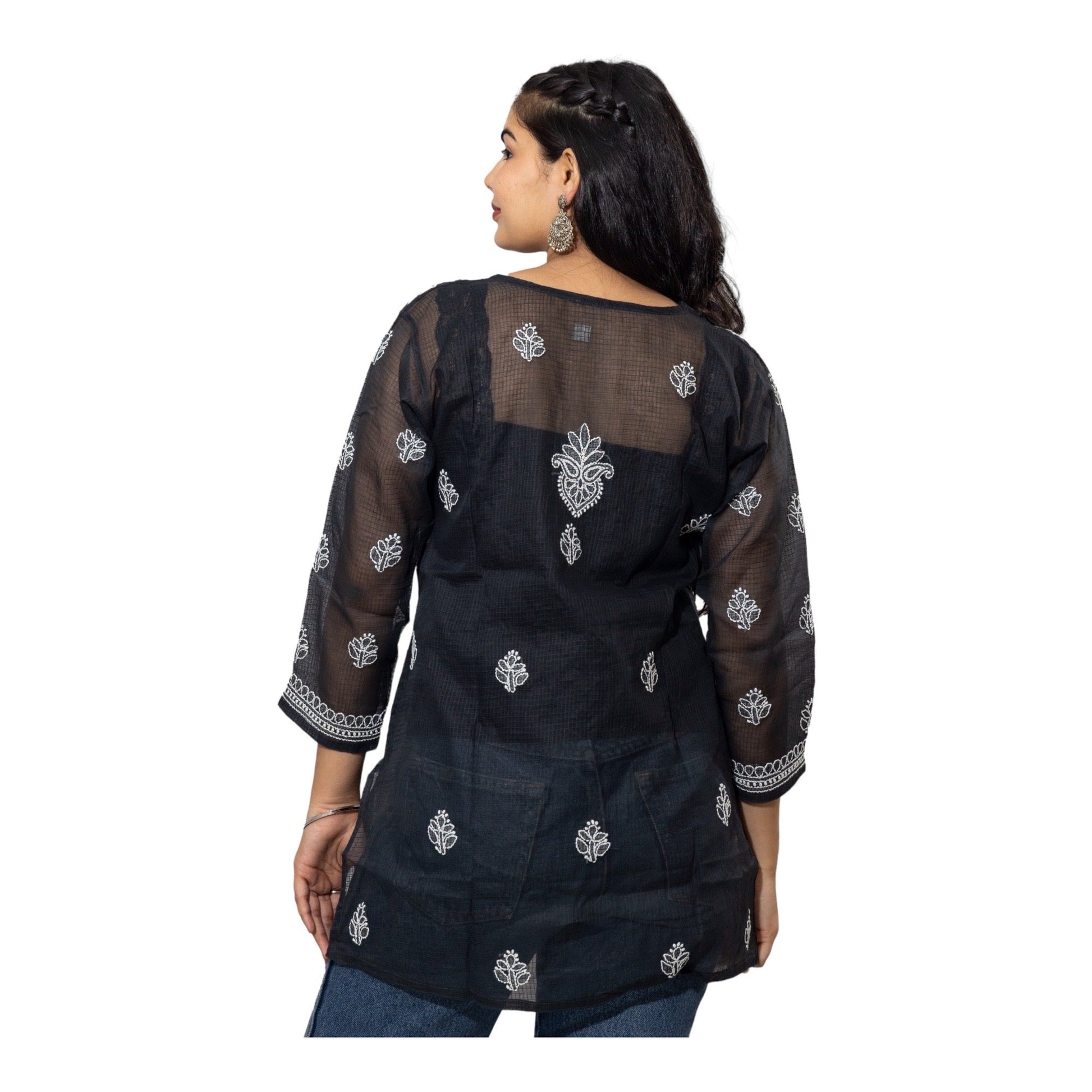 Black Kota Cotton Chikankari Short Kurti/top for women with long sleeves