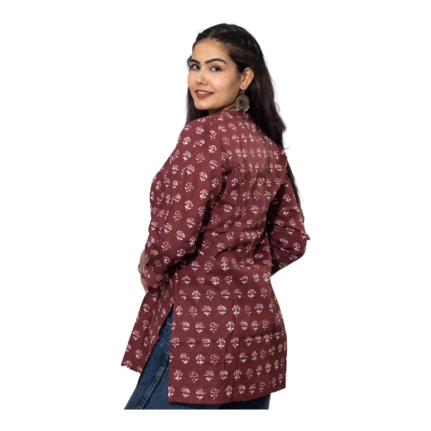 Maroon Block Print Cotton Mandarin Collar Top