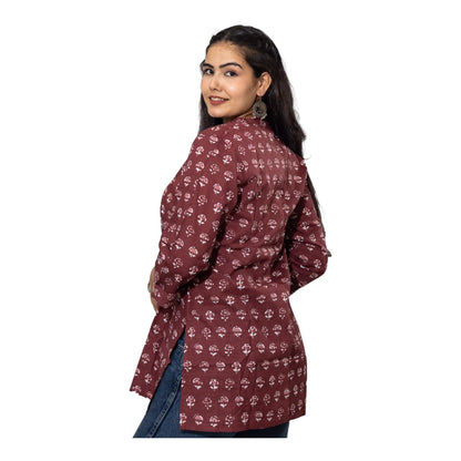 Maroon Block Print Cotton Mandarin Collar Top