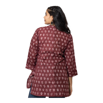 Maroon Block Print Cotton Mandarin Collar Top