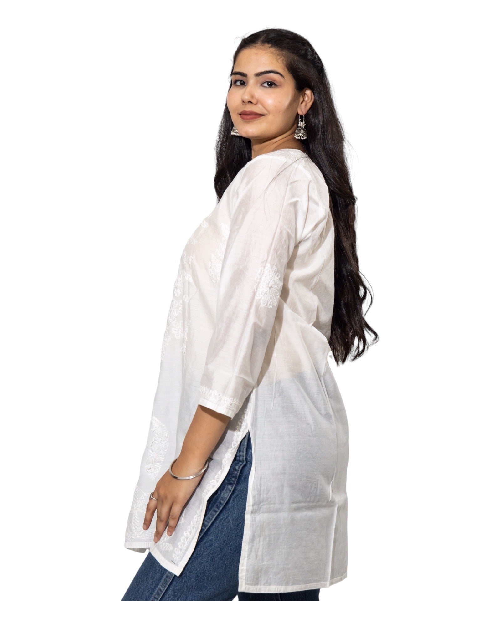 White Dyeable Chikankari Chanderi Short Kurti/Tunic with neck button closure and long sleeves