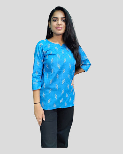 Blue Printed Khadi Women Top Front View