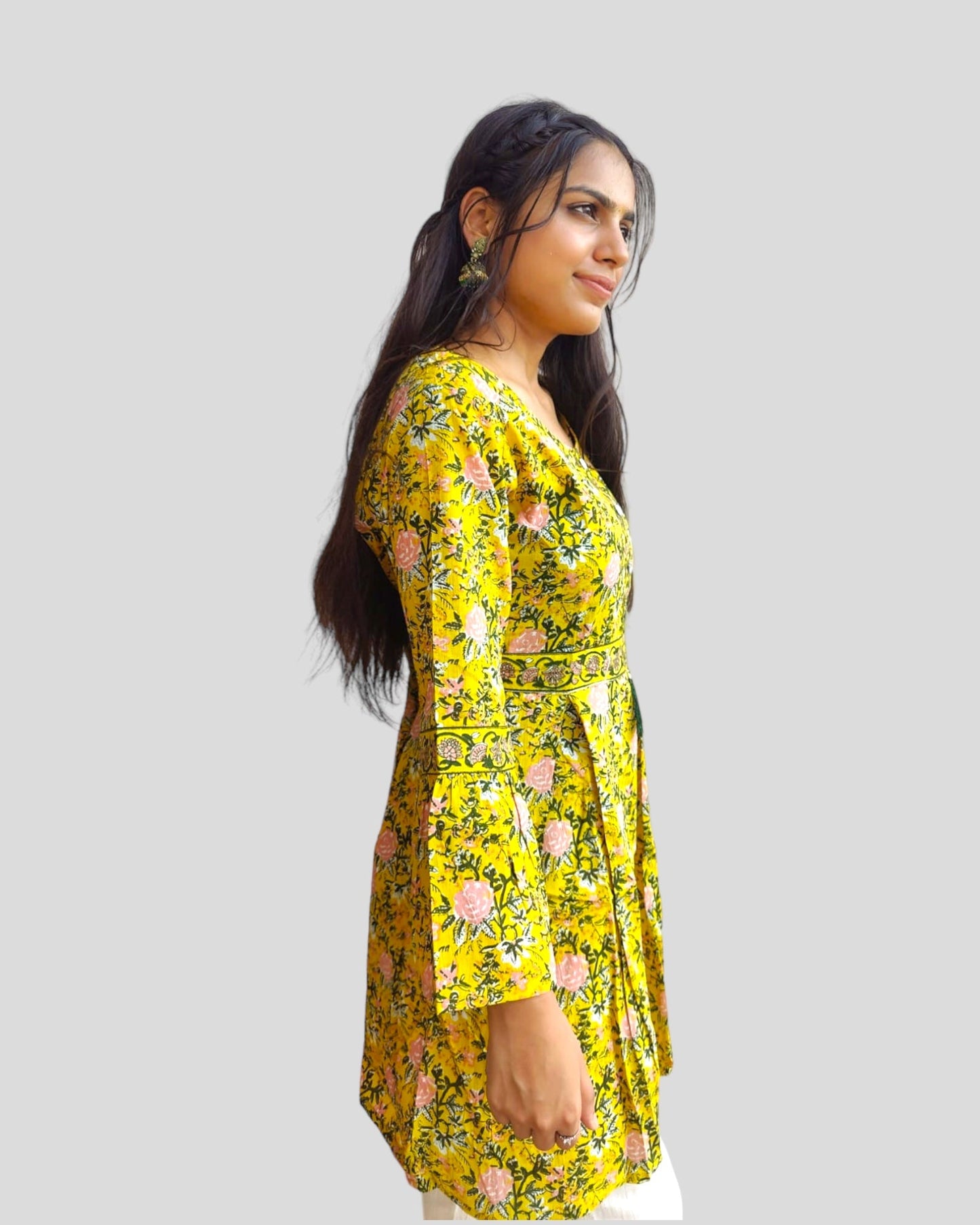 Floral Print Yellow Frock Style Tunic