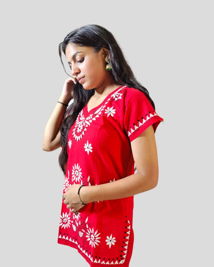 Red Hand Embroidered Cotton Kantha Short Kurti