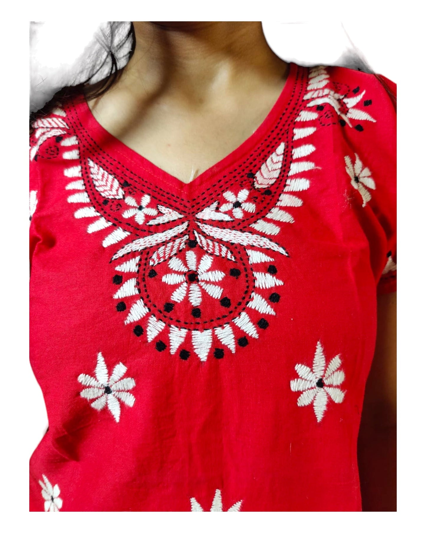 Red Hand Embroidered Cotton Kantha Short Kurti