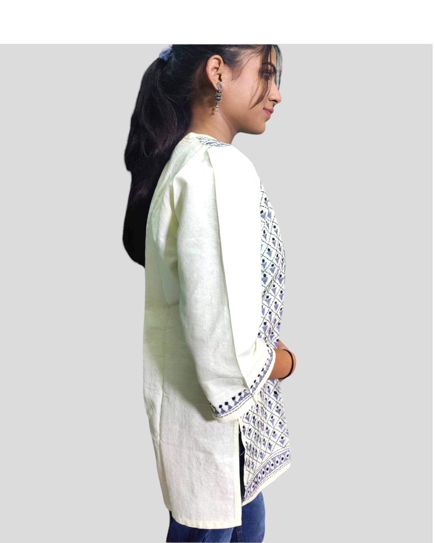 Designer Hand Embroidered Off White Short Kurti for Women