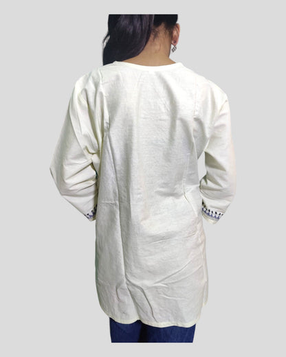Designer Hand Embroidered Off White Short Kurti for Women